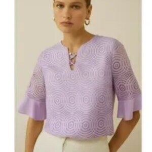 JM Collection Women's Blouse Lace Round Patterns Circular Ring Short Sleeves S